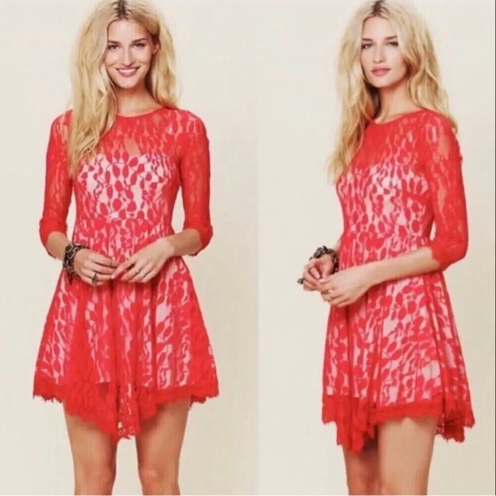 FREE PEOPLE Red Floral Leaf Lace Dress Size S Babydoll 3/4 Sleeve Fit Flare